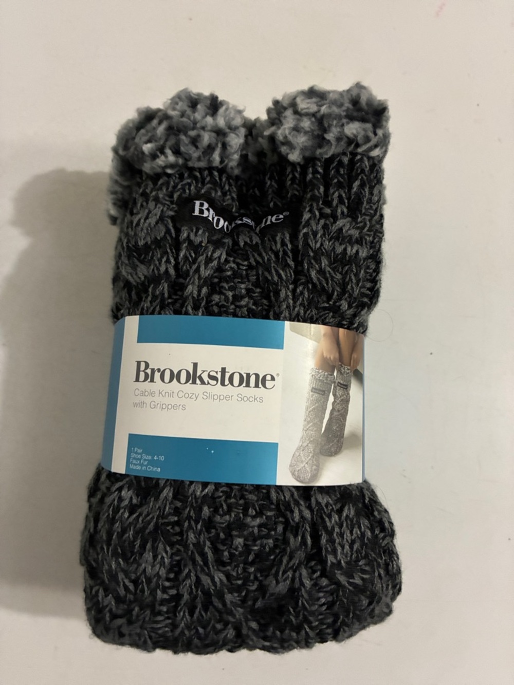 Brookstone cable Knit Cozy Slipper Socks with Grippers: Black